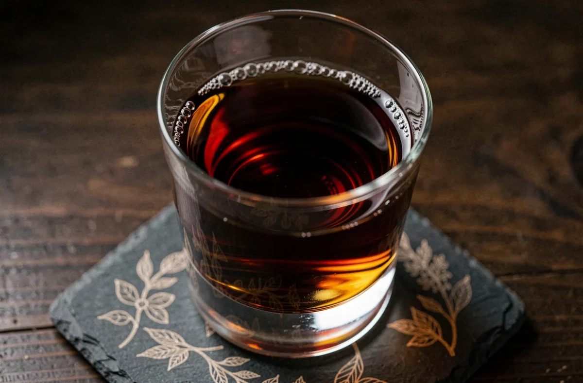 Gros plan sur un verre à shot rempli de liqueur Jägermeister ambrée avec reflets dorés sur ardoise