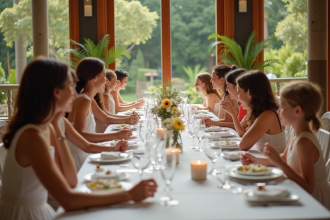 Groupe d'adultes et enfants souriants lors d'un repas élégant
