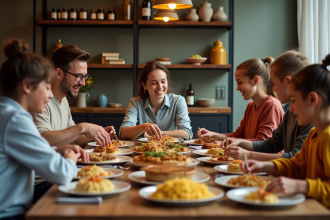 Groupe diversifié autour d'une table avec plats du monde
