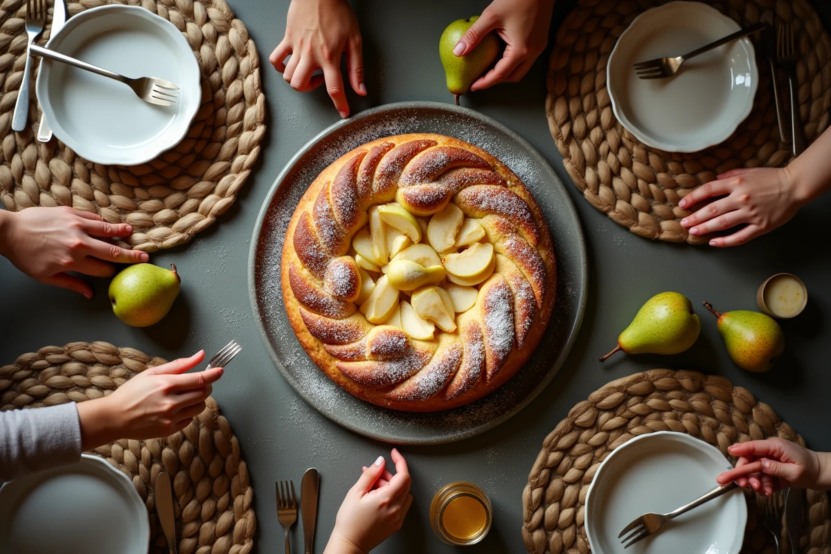 Gâteau aux poires doré et saupoudré de sucre en poudre