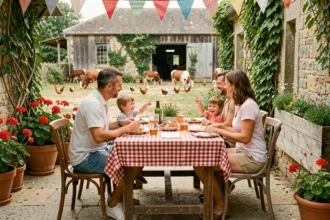 Famille avec enfants attablée en terrasse d'une guinguette à la ferme, ambiance conviviale et champêtre