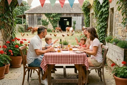Famille avec enfants attablée en terrasse d'une guinguette à la ferme, ambiance conviviale et champêtre