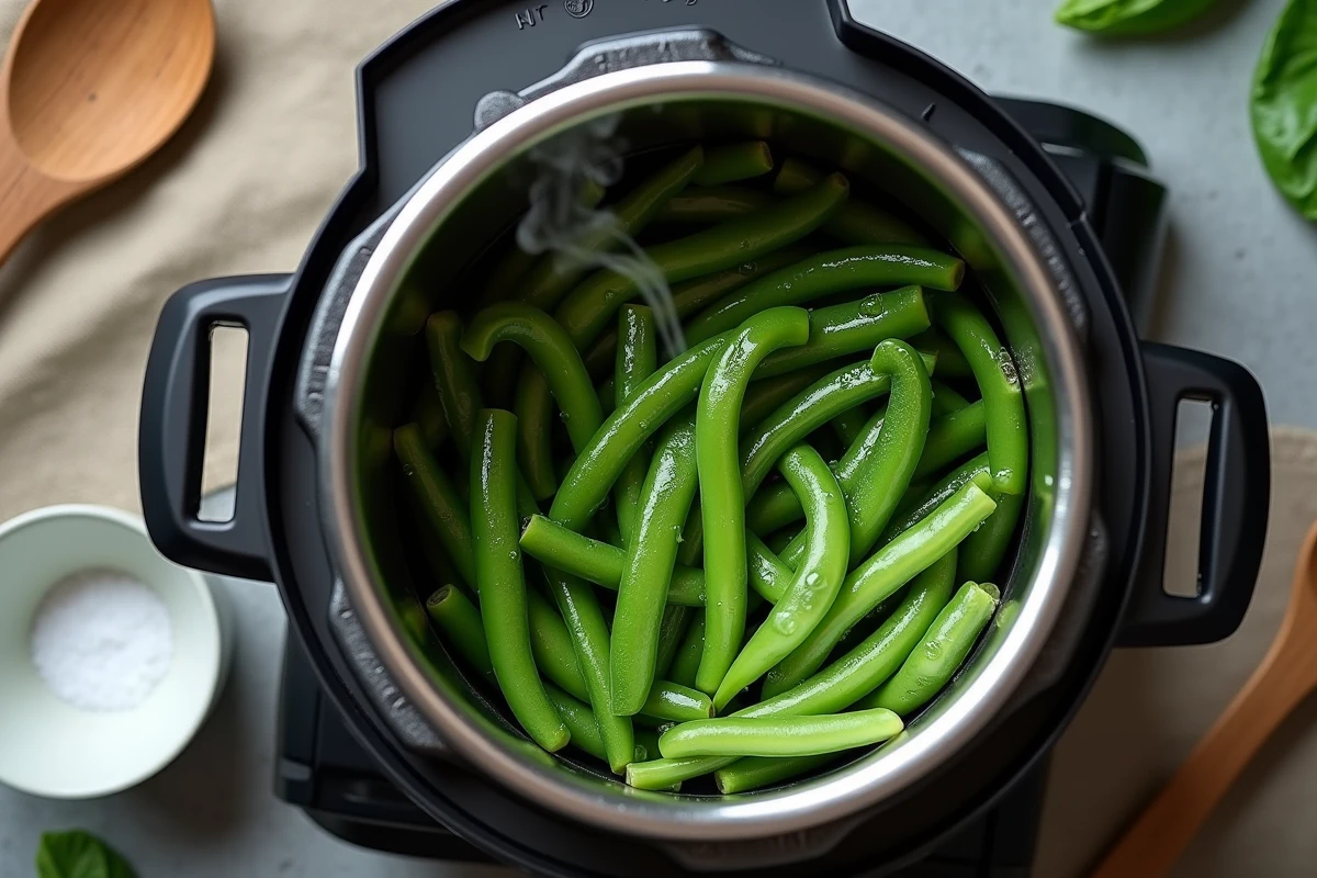 Gros plan vue de dessus sur des haricots verts cuits à la vapeur dans une cocotte minute ouverte