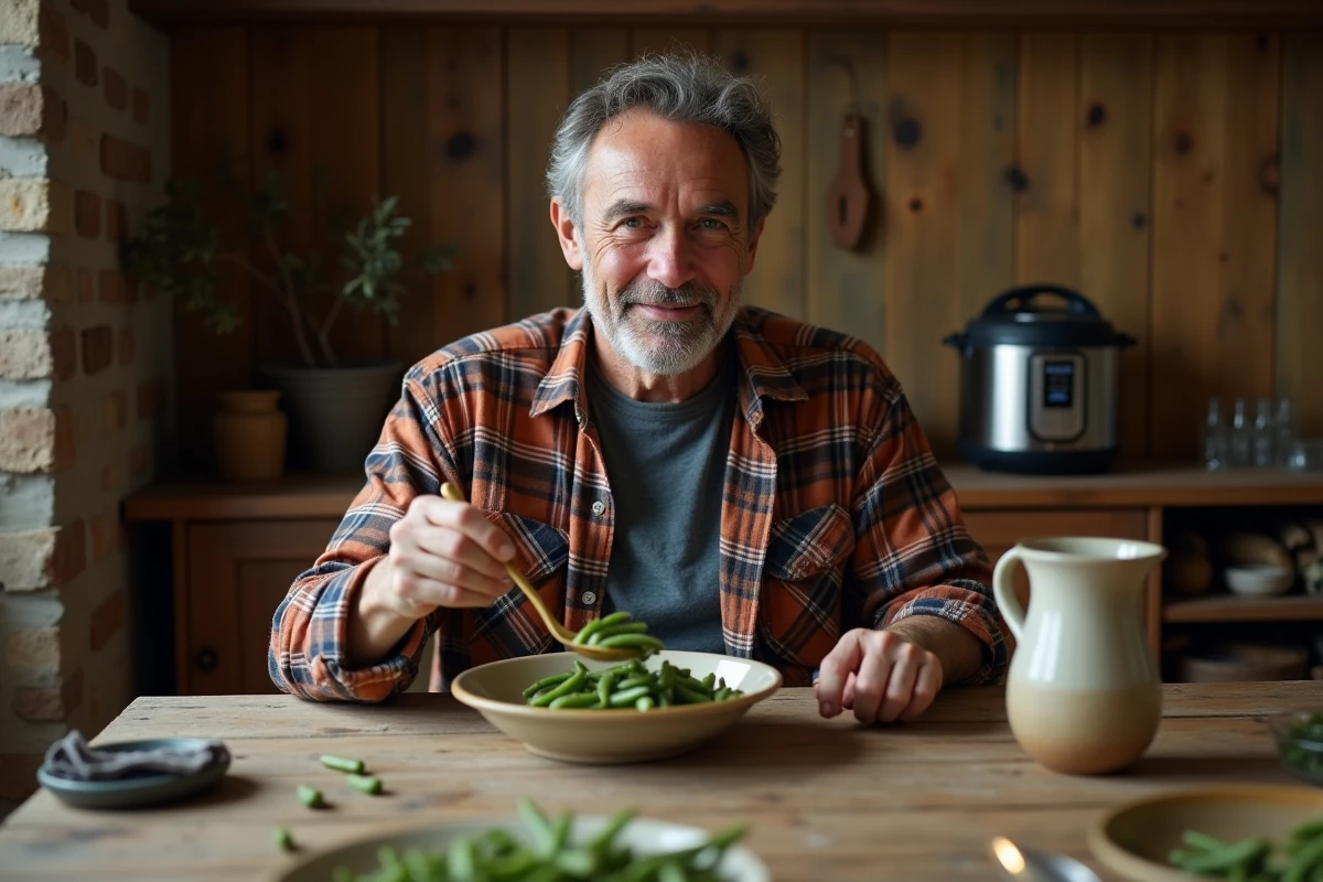 Homme servant des haricots verts réchauffés à la cocotte minute lors d'un repas dans une cuisine rustique