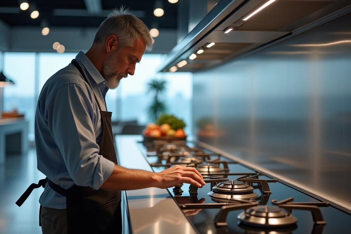 Homme inspectant différents types de plaques de cuisson modernes