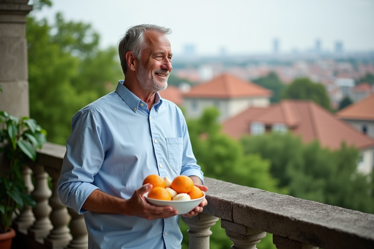 Homme regardant la ville depuis un balcon avec fruits et jardin