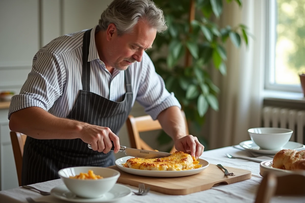 Homme en train de découper un poulet gratiné à table