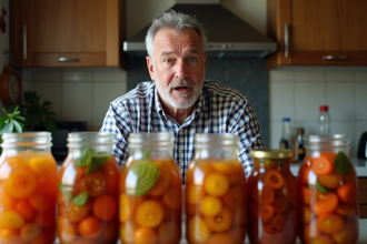 Homme anxieux devant des bocaux de fermentation maison