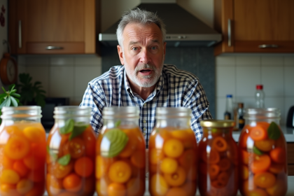 Homme anxieux devant des bocaux de fermentation maison