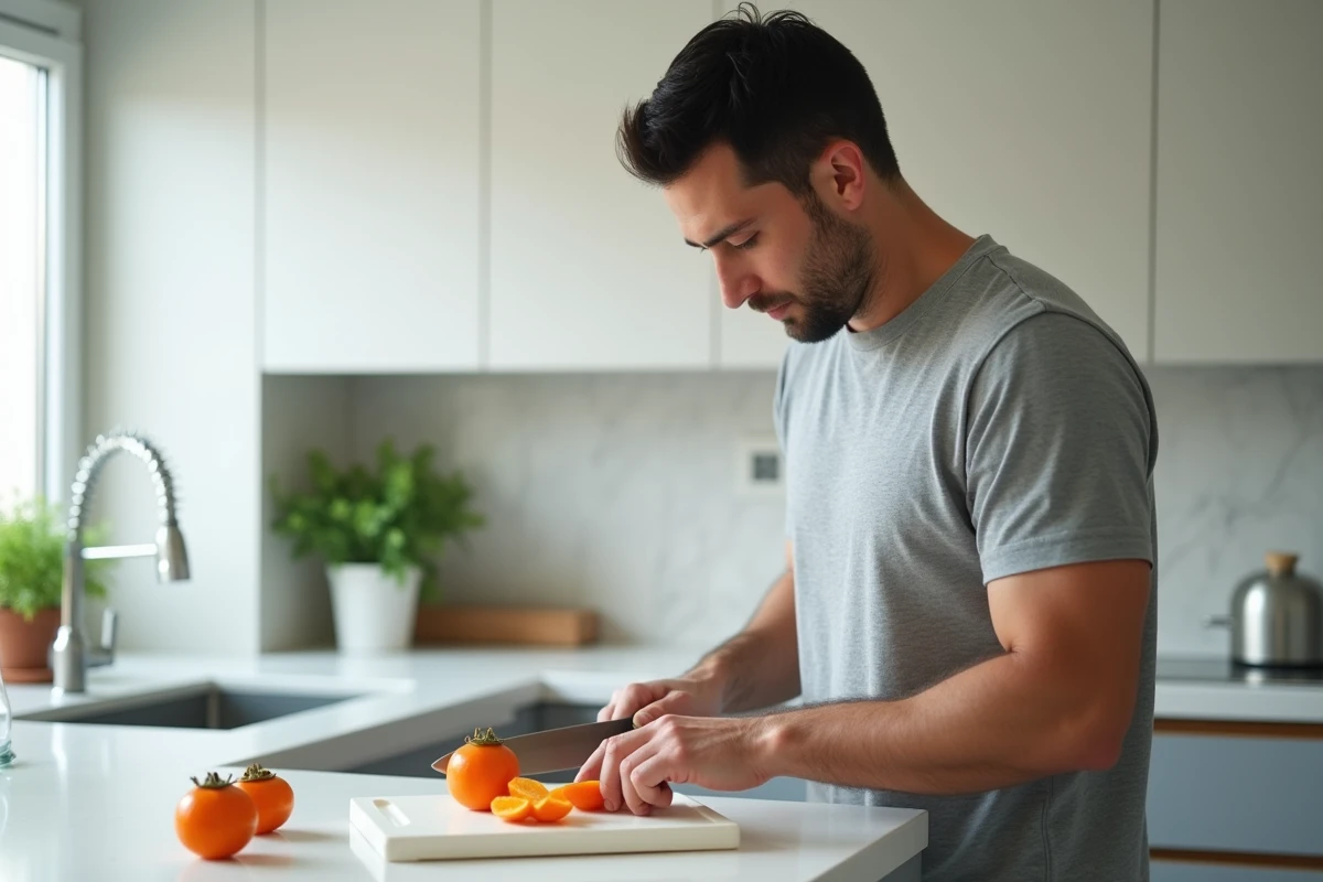 Homme coupant un kaki en tranches sur une planche à découper dans une cuisine moderne pour faciliter la digestion