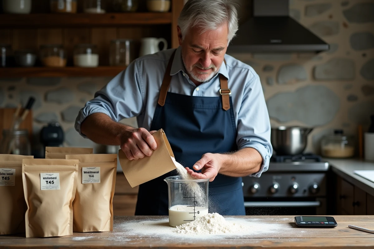 Homme versant de la farine dans un verre en cuisine rustique