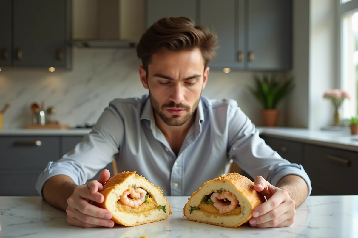 Jeune homme comparant deux pastillas aux fruits de mer