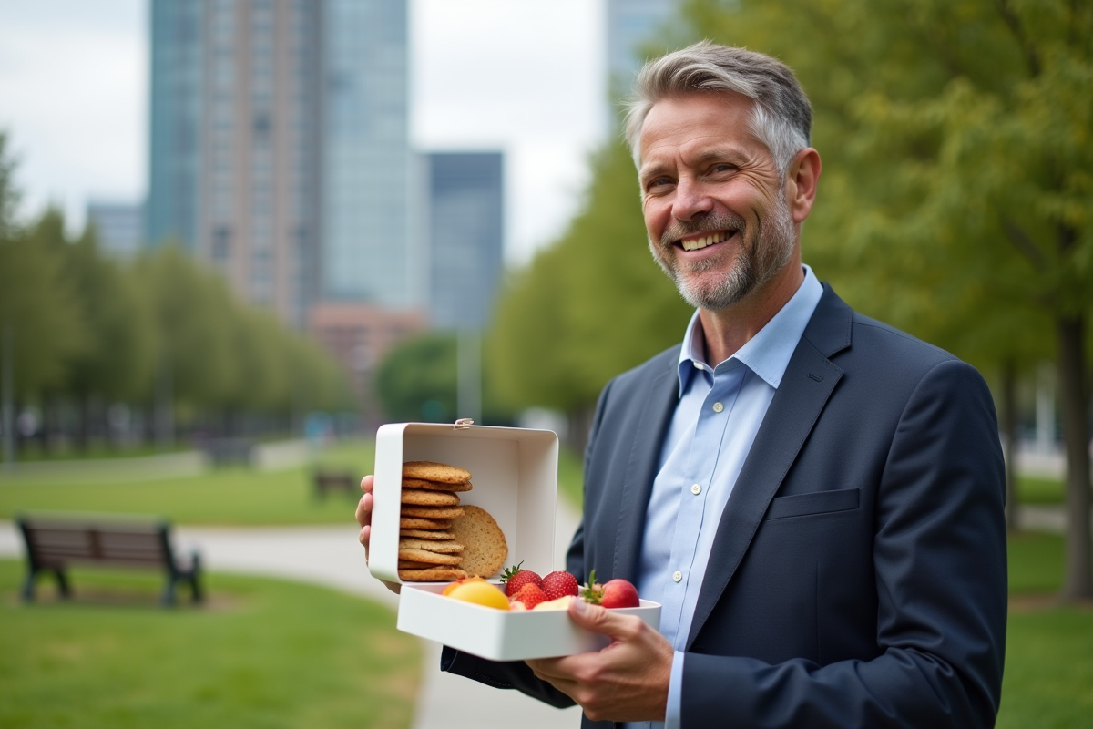 Homme souriant avec boîte à lunch dans un parc urbain