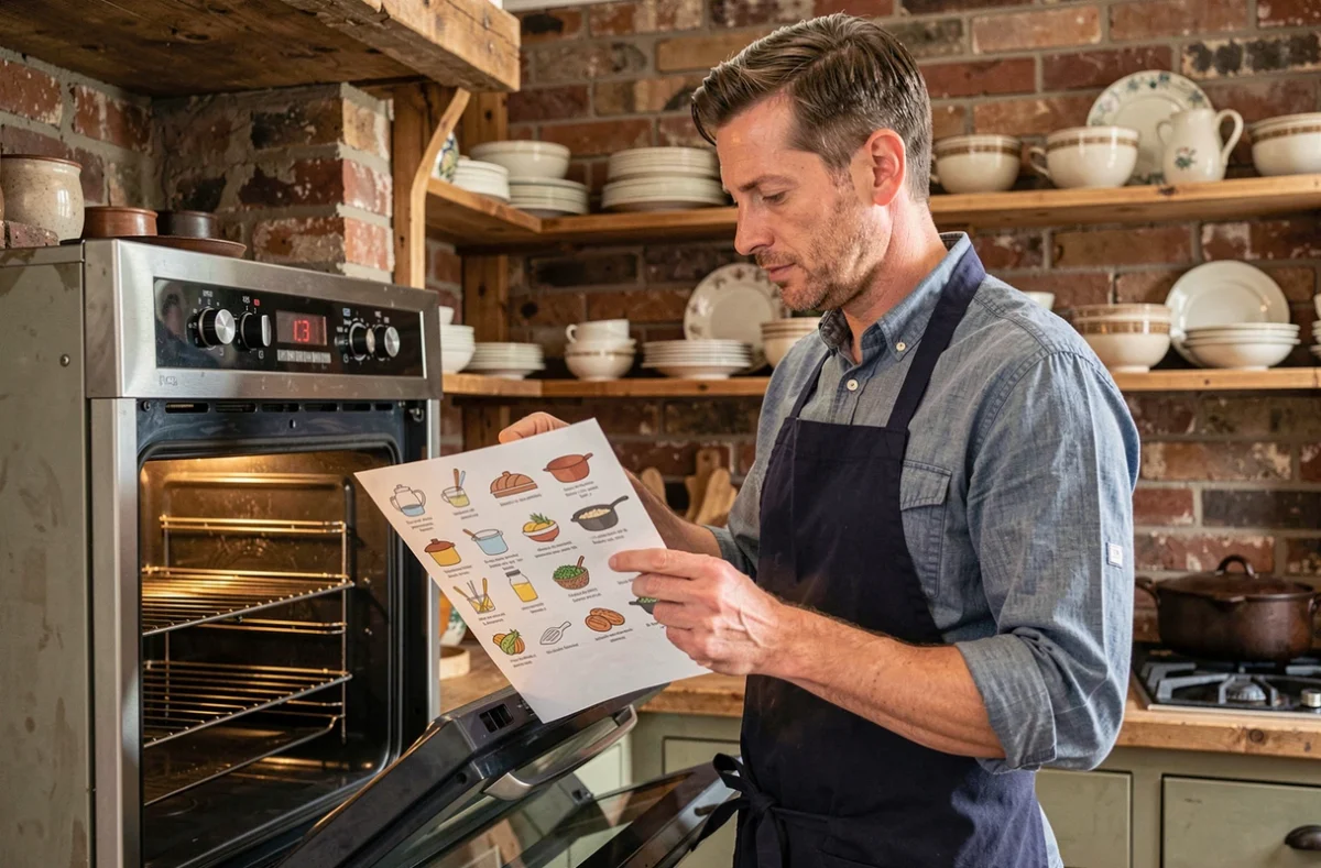 Homme consultant une fiche explicative des symboles four traditionnel devant un four ouvert dans une cuisine rustique