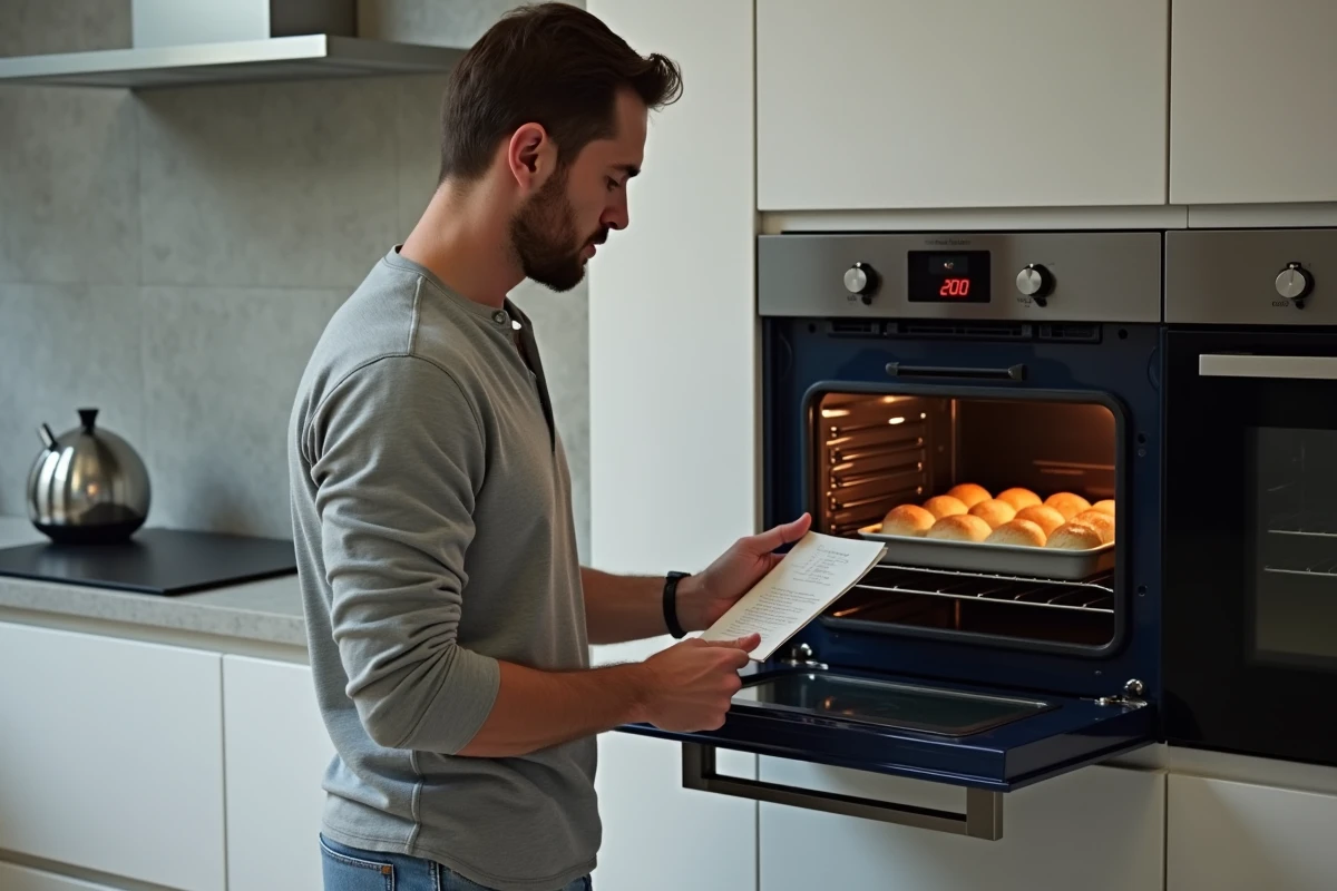 Homme consultant une recette devant un four moderne réglé à 200 degrés Celsius dans une cuisine contemporaine