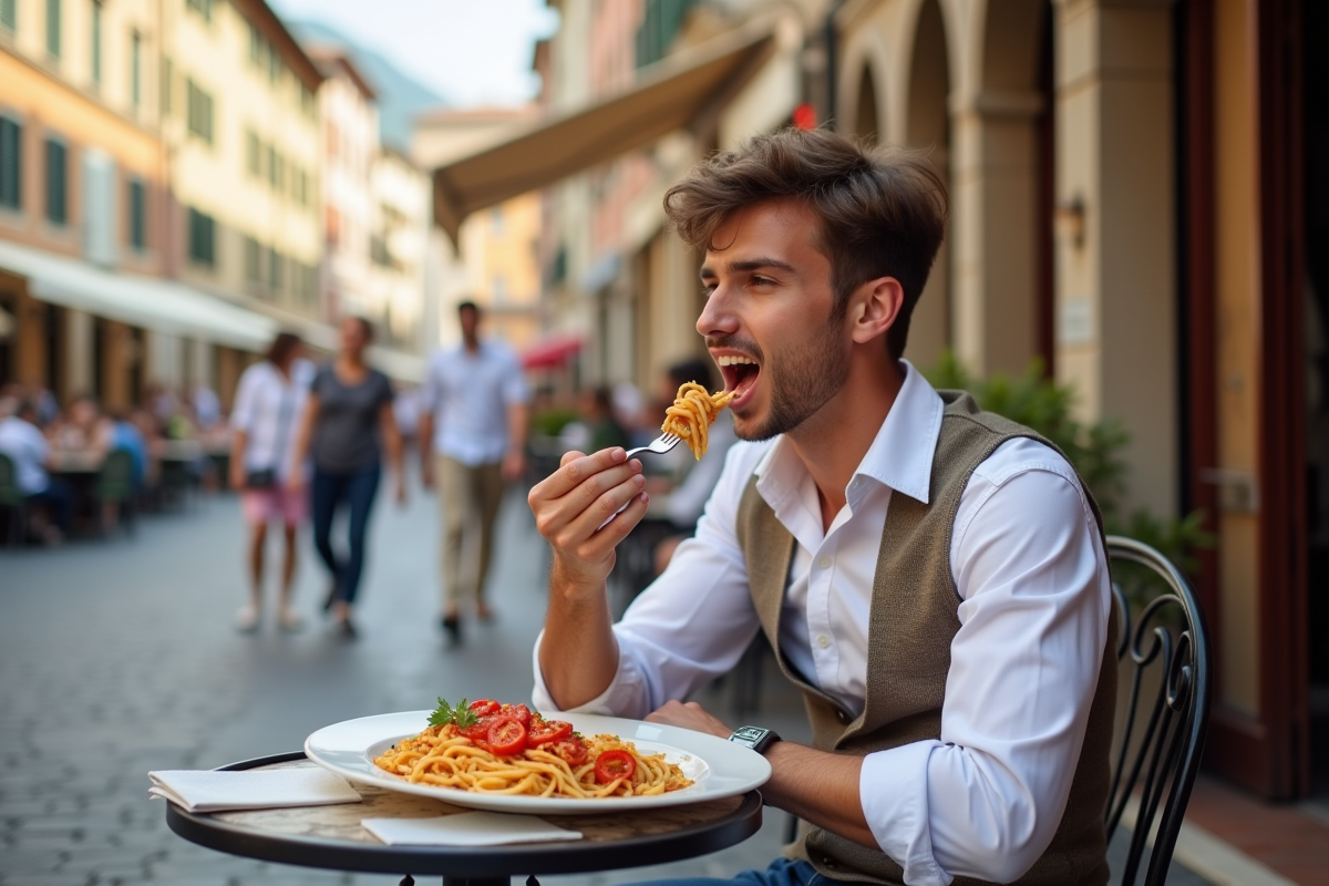Jeune homme italien dégustant des pâtes dans une piazza