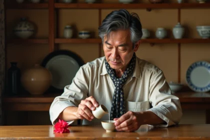 Homme japonais versant du soju dans un izakaya chaleureux