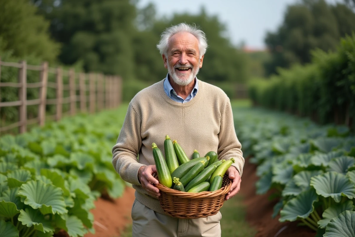 Homme âgé montre un panier de zucchinis zigzag dans le jardin
