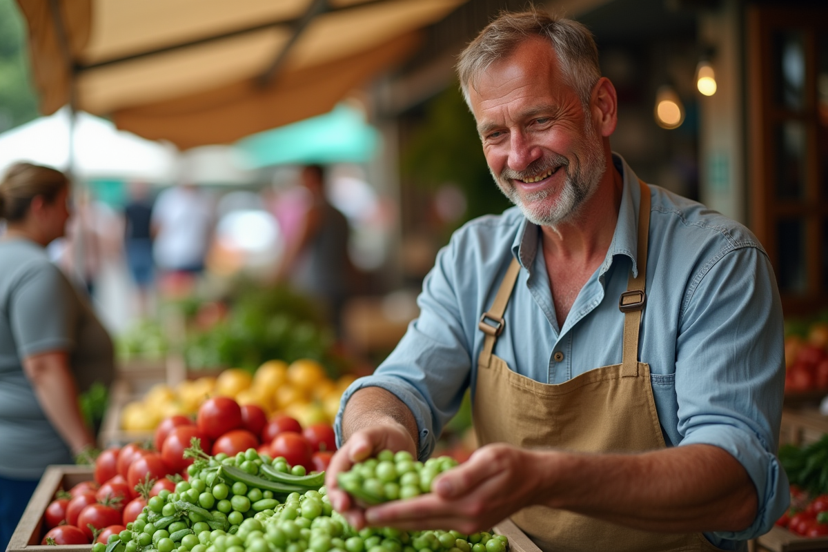 Homme choisissant des légumes frais au marché en plein air