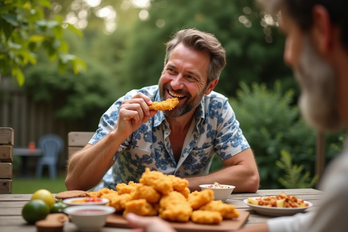 Homme dégustant un poulet tendre avec sauce dans un jardin ensoleille