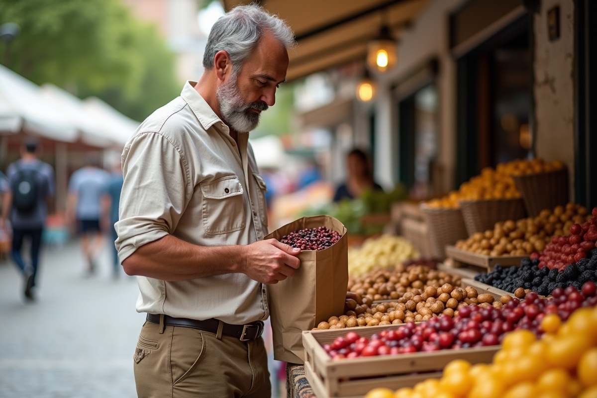 Homme inspectant un sac de fruits secs au marché en plein air