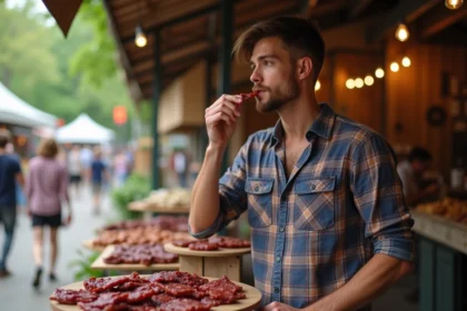Jeune homme dégustant du jerky artisanal au marché