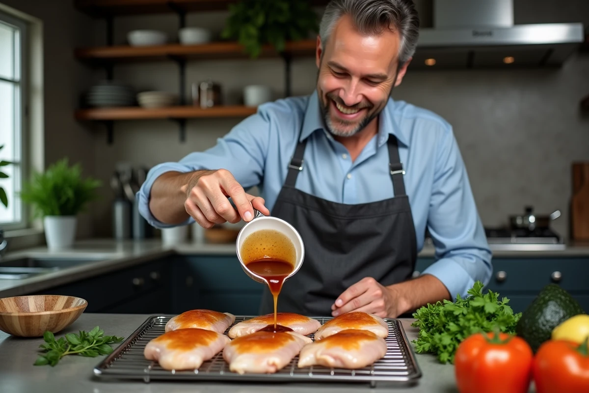 Homme souriant verse marinade sur poulet cru