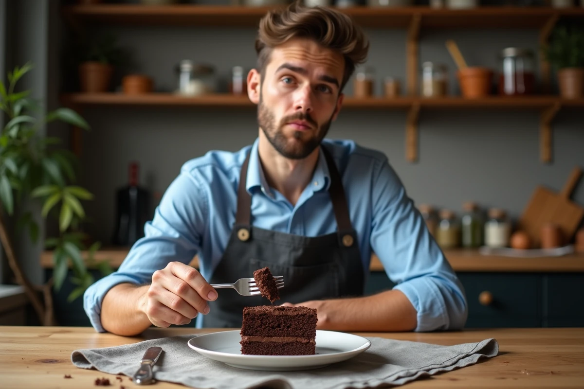 Jeune homme dégustant un gâteau au chocolat sec