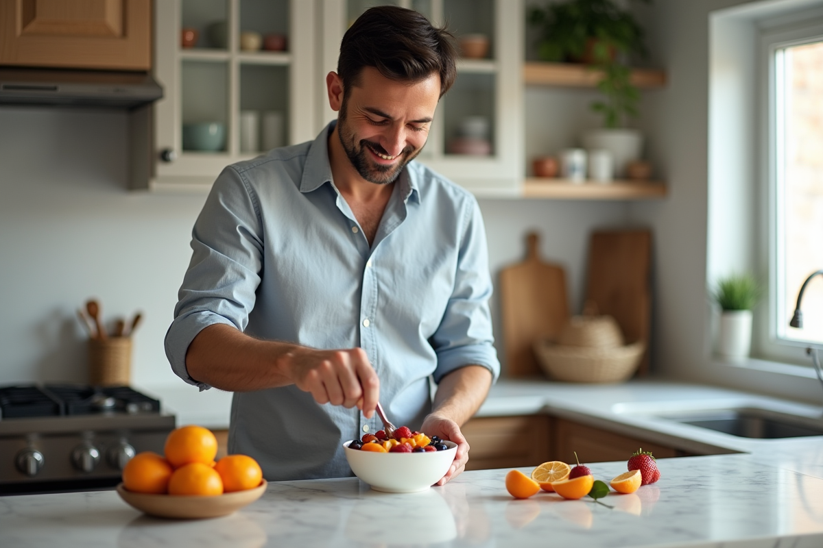 Homme préparant un bol de fruits et yogourt dans la cuisine