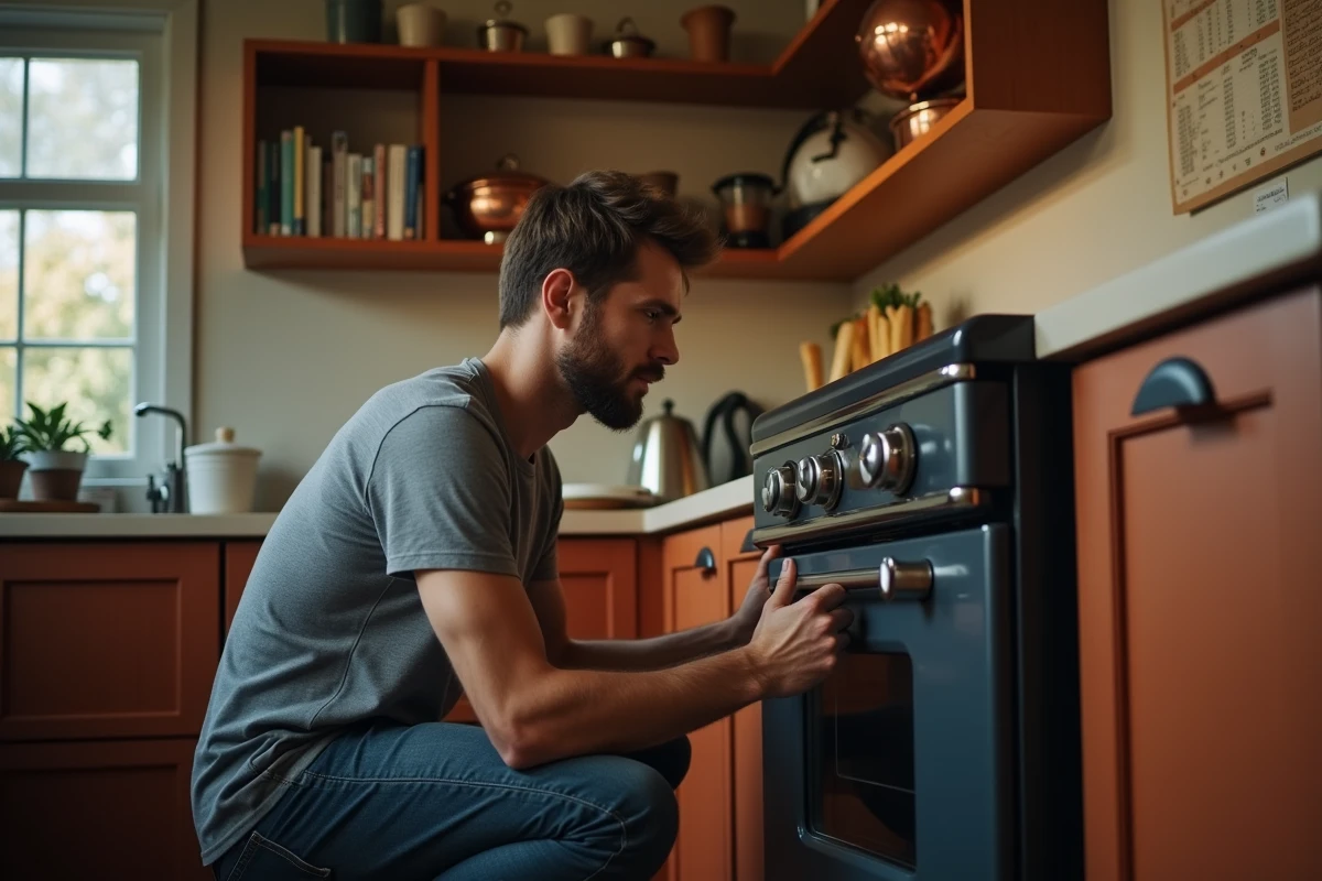 Homme vérifiant le thermostat d'un four vintage dans une cuisine rustique avec tableau de températures affiché au mur