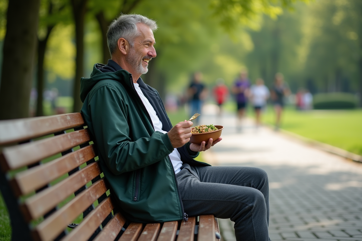 Homme mangeant salade dans un parc vert
