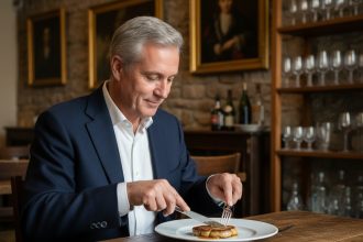 Homme d'âge moyen coupant du foie gras dans une salle élégante
