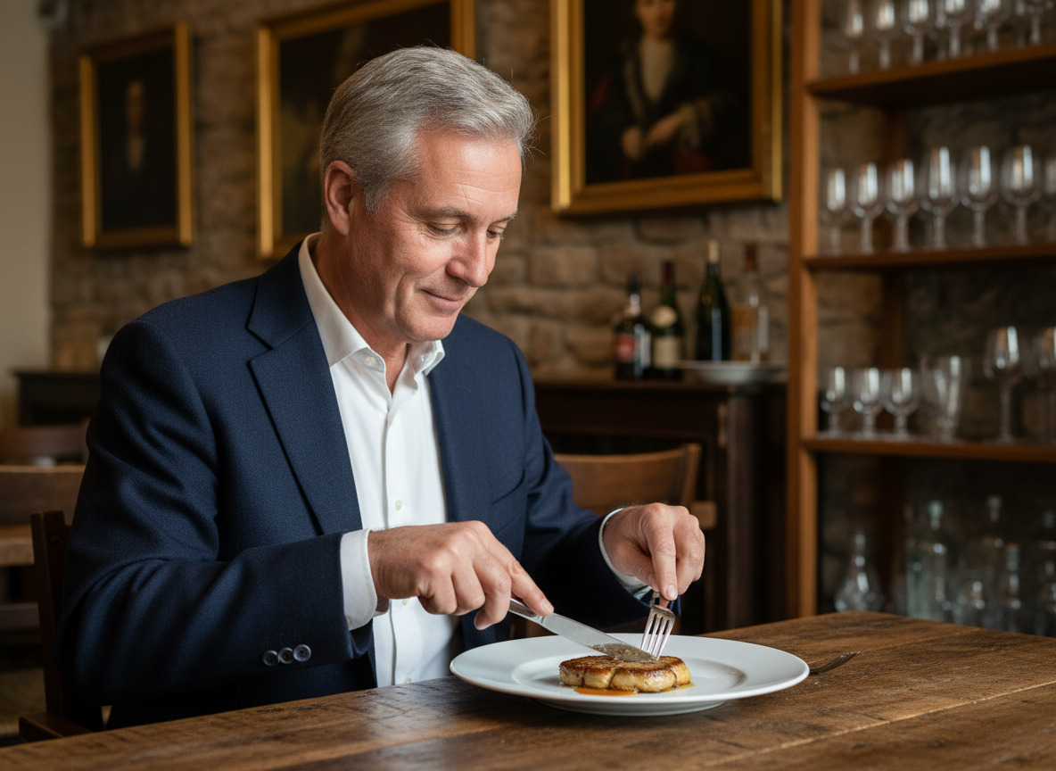 Homme d'âge moyen coupant du foie gras dans une salle élégante