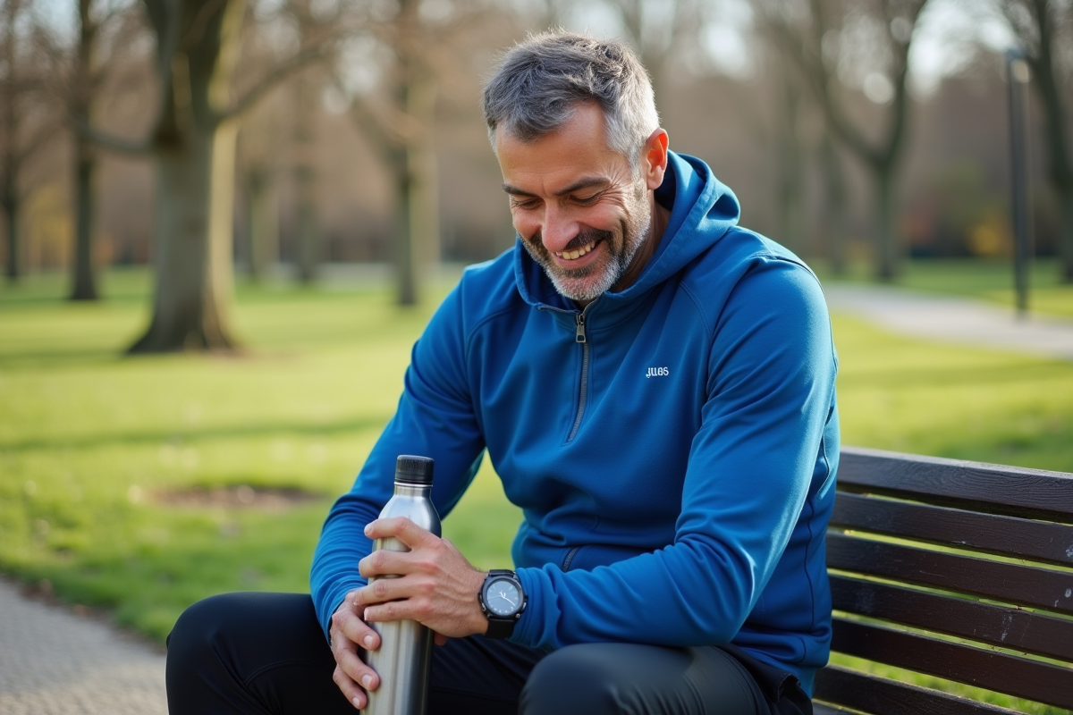 Homme souriant vérifiant son application fitness sur smartwatch dans un parc