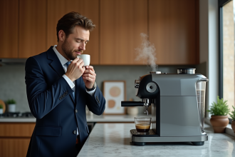 Homme en costume navy dégustant un espresso dans une cuisine moderne