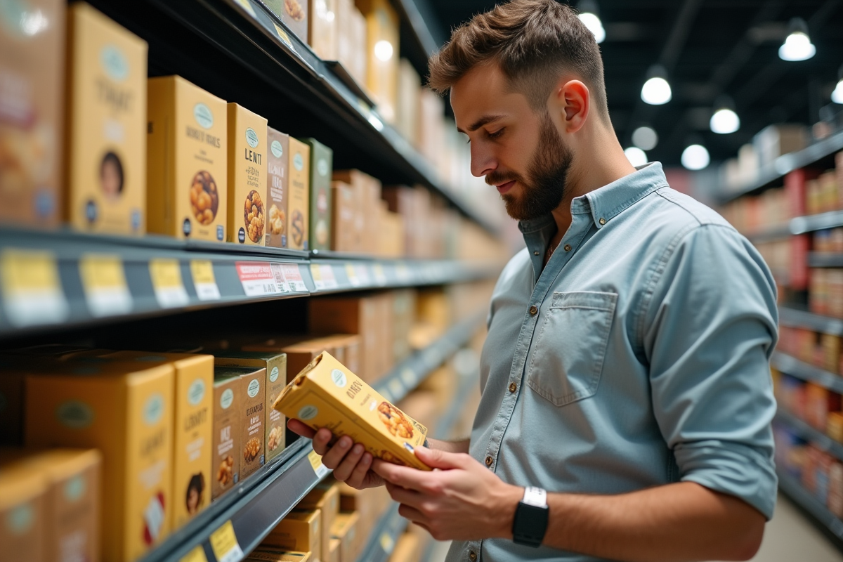 Jeune homme regardant des pâtes saines en supermarché