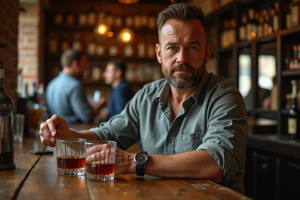 Homme dans un pub examinant deux verres de boissons