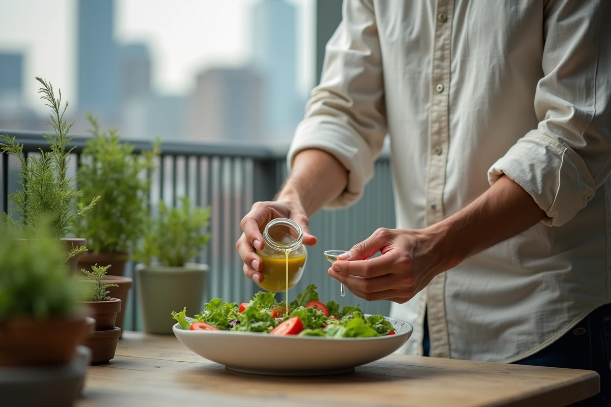 Jeune homme versant vinaigrette sur salade en balcon urbain