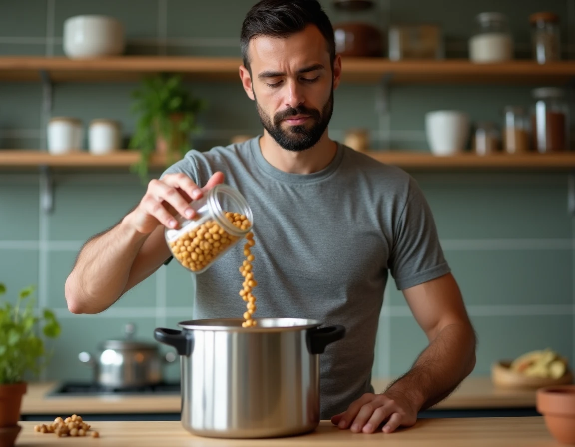 Homme versant des pois chiches secs dans une cocotte-minute inox pour préparer un repas familial