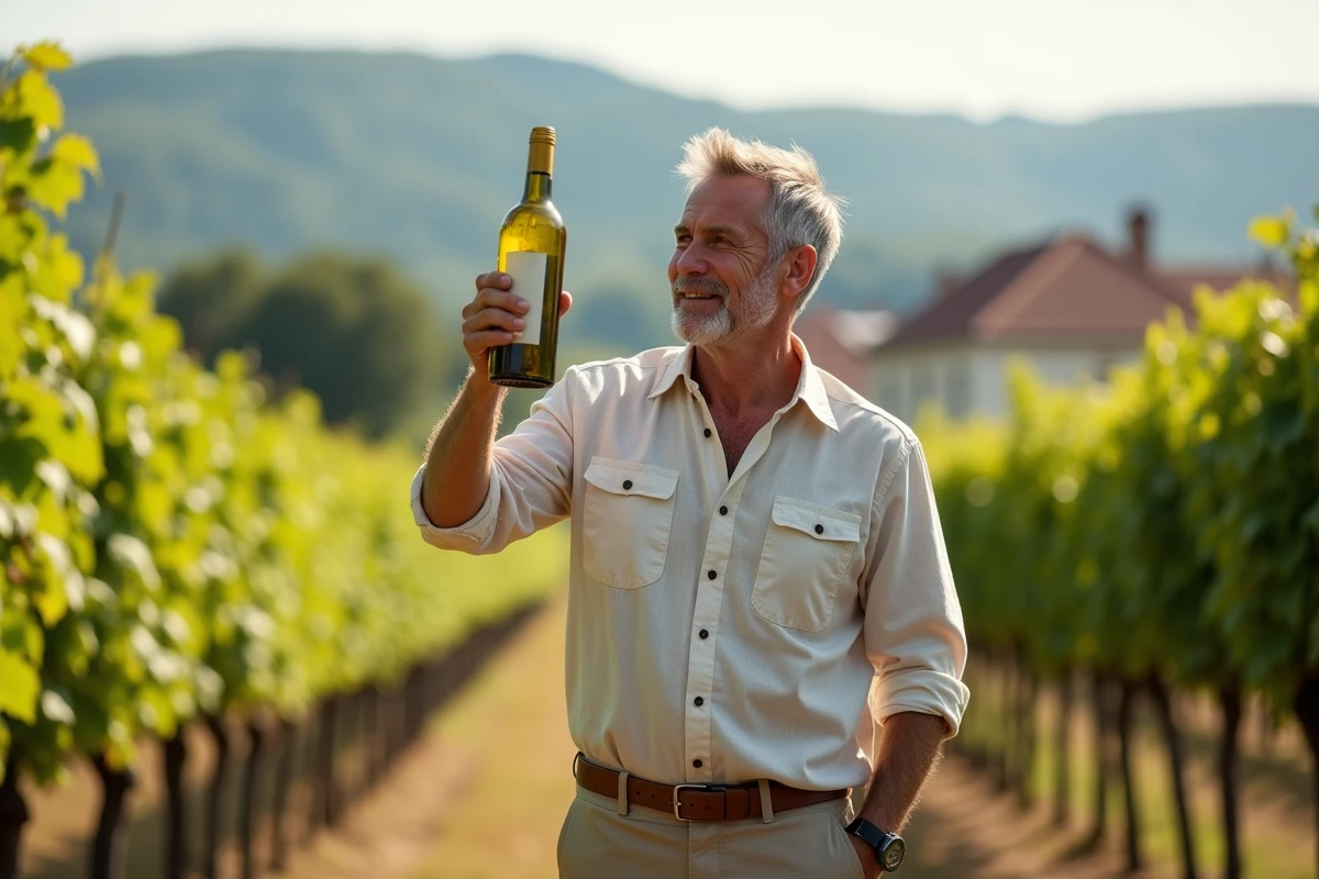Homme dans un vignoble inspectant un vin blanc Sauvignon