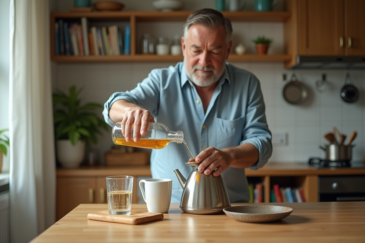 Homme versant du vinaigre dans une tasse en cuisine