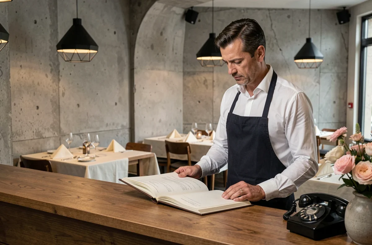 Hôte d'accueil consultant le livre de réservations dans un restaurant contemporain lyonnais