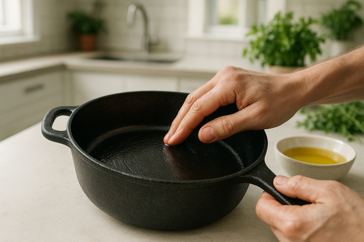 Mains huilant une cocotte en fonte propre dans une cuisine lumineuse