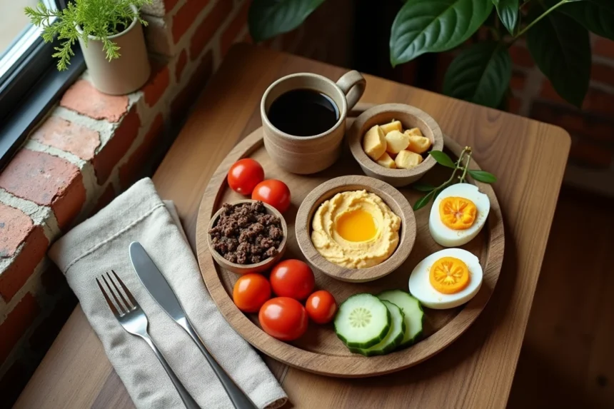 Plateau petit déjeuner salé avec hummus, œufs mollets, tomates cerises et tapenade sur table en bois rustique