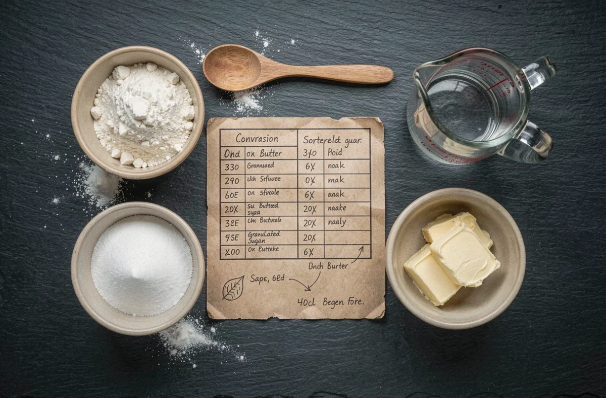 Vue aérienne de bols de farine, sucre et beurre avec un verre doseur 40cl et un guide de conversion manuscrit sur ardoise