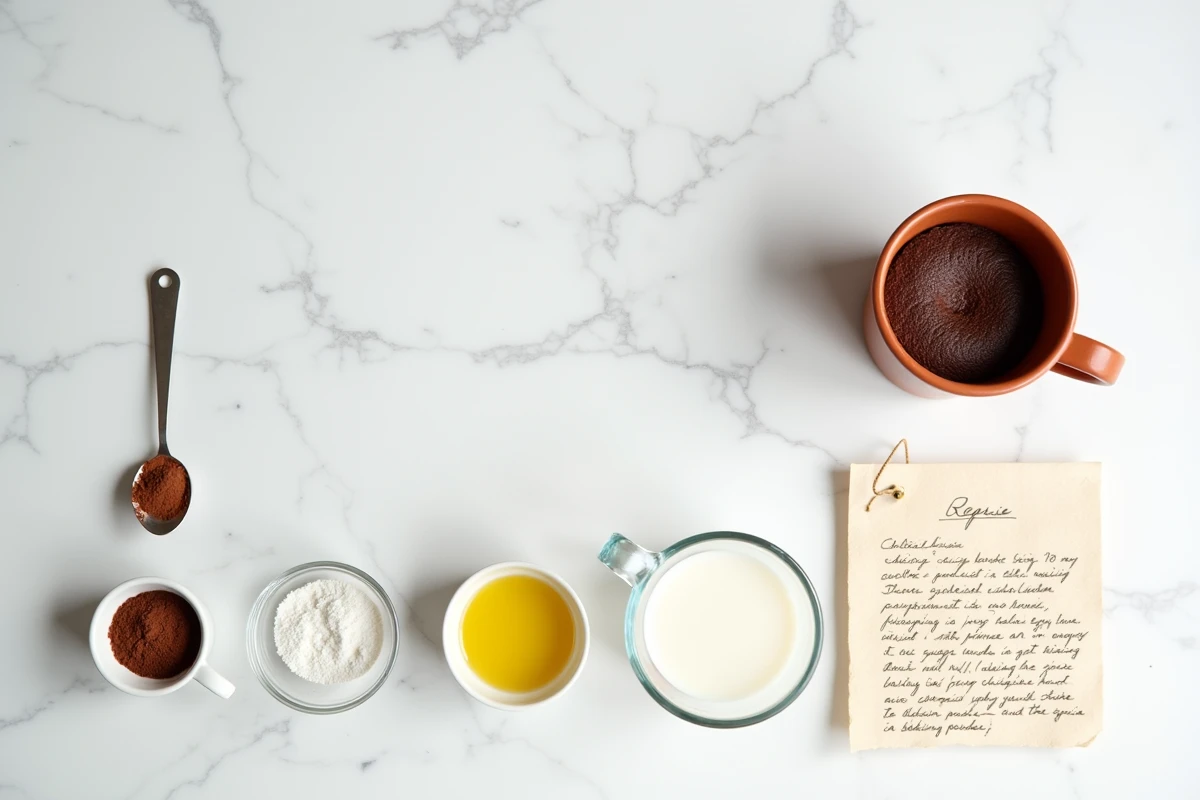 Ingrédients pour mugcake au chocolat sans oeuf disposés en flat lay sur marbre blanc avec mug terracotta et notes manuscrites