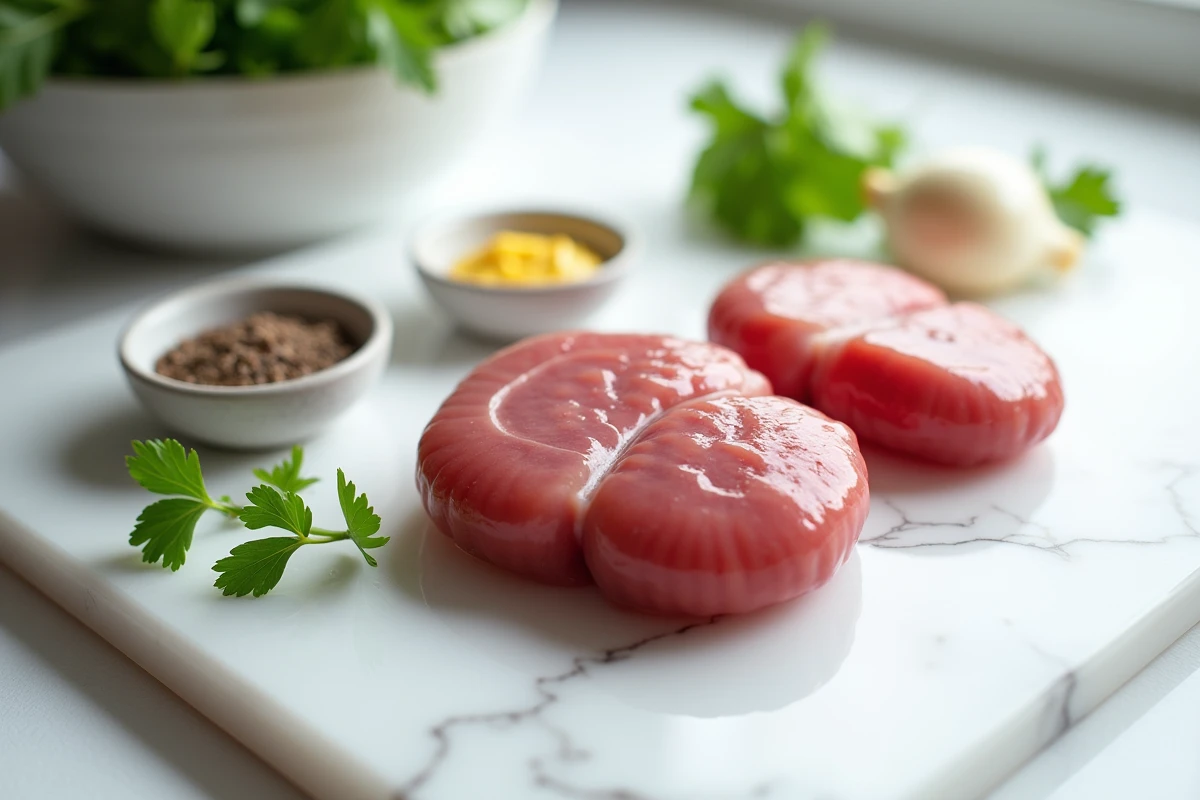 Mise en place pour une recette légère de rognons de veau avec ingrédients frais sur marbre blanc
