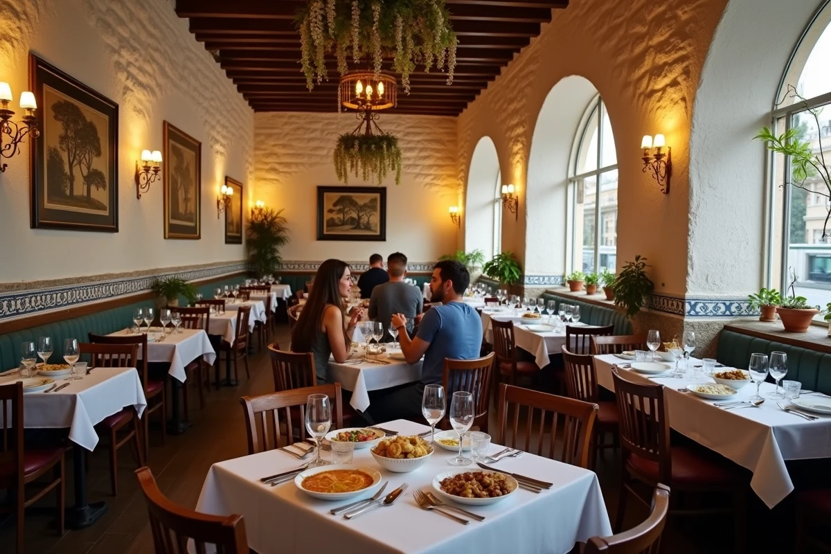 Intérieur chaleureux du restaurant libanais Le Cèdre à Paris avec décoration orientale et plats de mezze