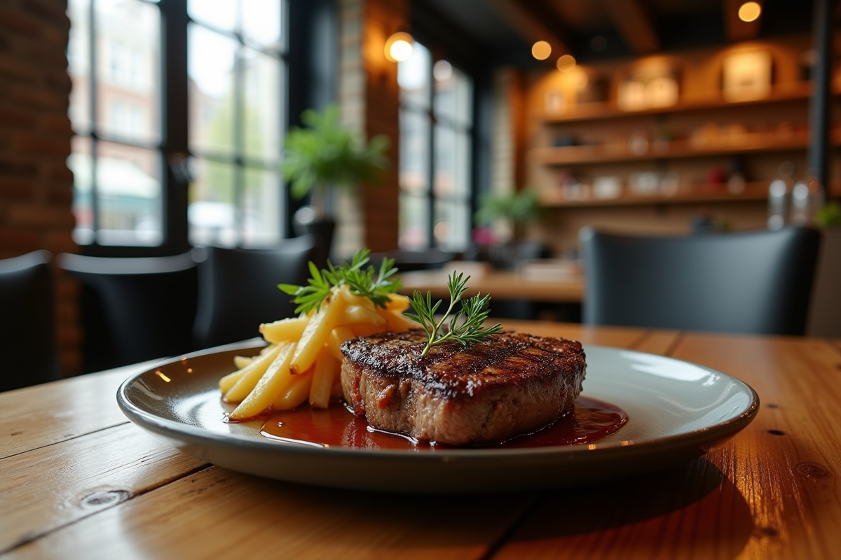 Intérieur élégant d'un steakhouse à Lille avec un steak ribeye