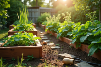 Jardin potager en forme de J avec plantes et outils